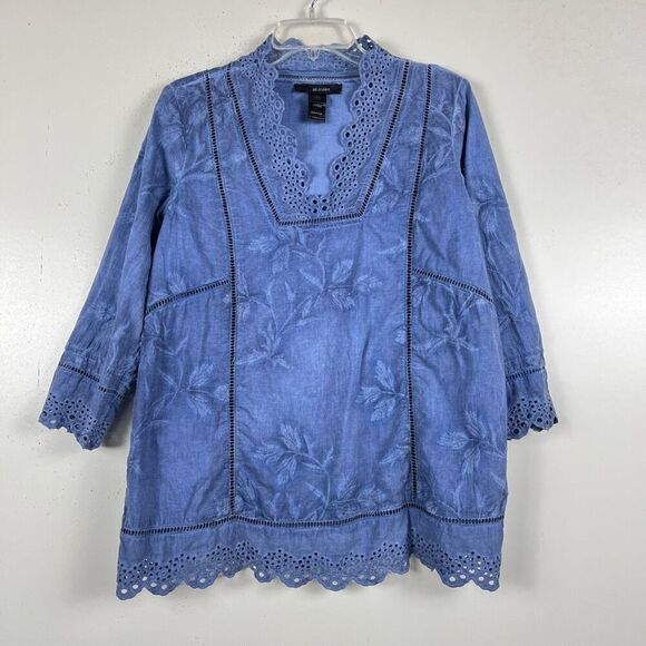 Ali Miles Embroidered Eyelet Tunic Small Cotton Floral Blouse Tie Dye Blue Top - Picture 1 of 9